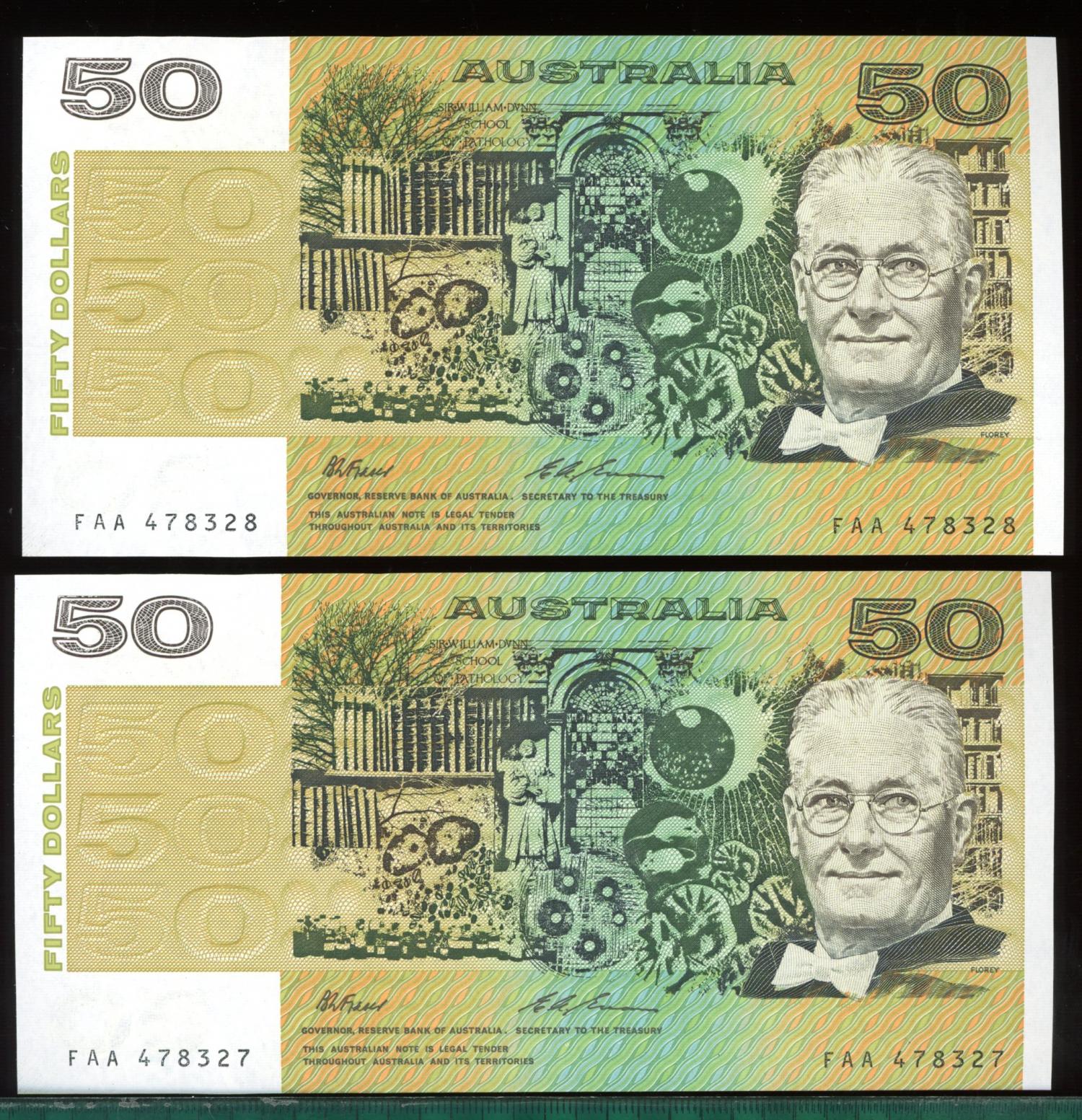 Thumbnail for 1993 Consecutive Pair of $50 Fraser Evans First Prefix FAA 478327-38 UNC