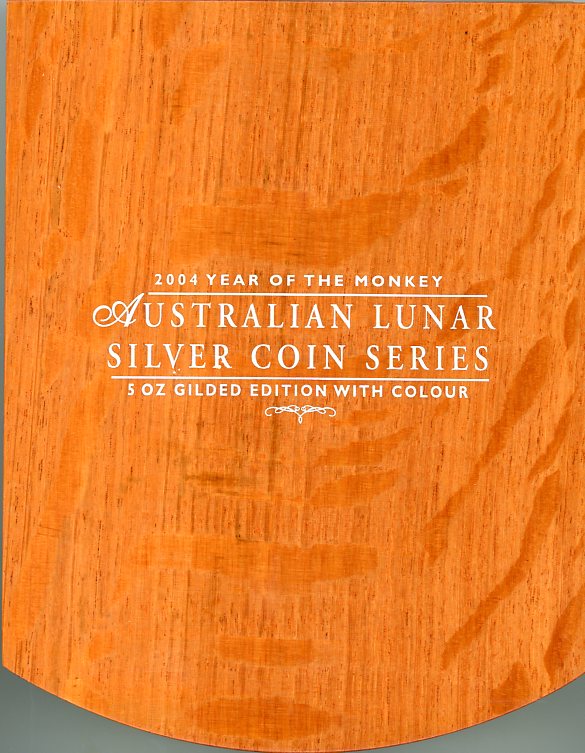 Thumbnail for 2004 Year of the Monkey 5oz Australian Lunar Silver Coin Series - Gilded Edition with Colour 