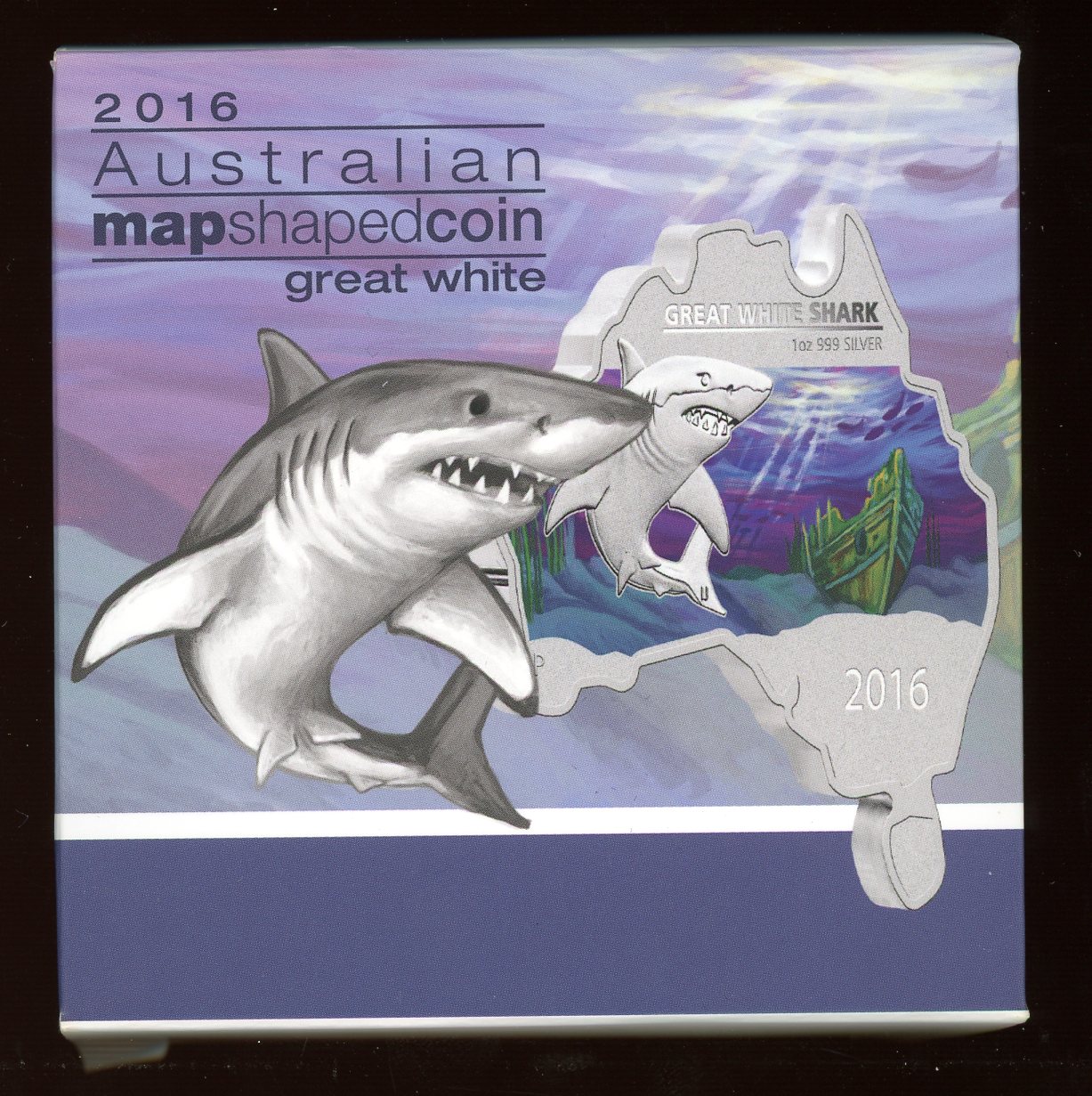 Thumbnail for 2016 Australian Map Shaped Coloured 1oz Silver Coin - Great White Shark