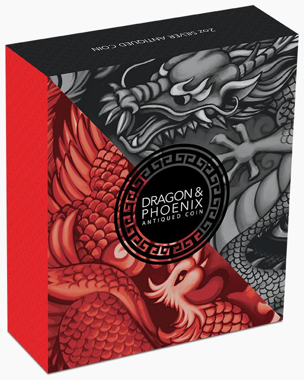 Thumbnail for 2019 2oz Dragon and Phoenix Silver Antiqued Coin - Mintage only 888