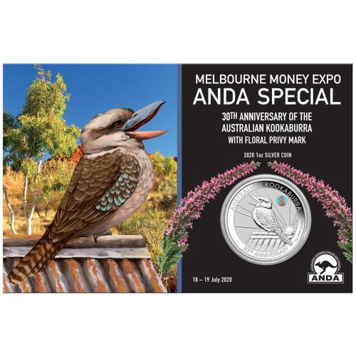 Thumbnail for 2020 Melbourne ANDA Expo Special 30th Anniversary Australian Kookaburra 1oz Silver Coin with Floral Privy
