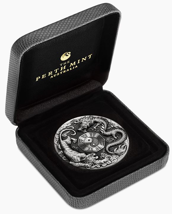 2021 2oz Antiqued Silver Dragon and Tiger Coin