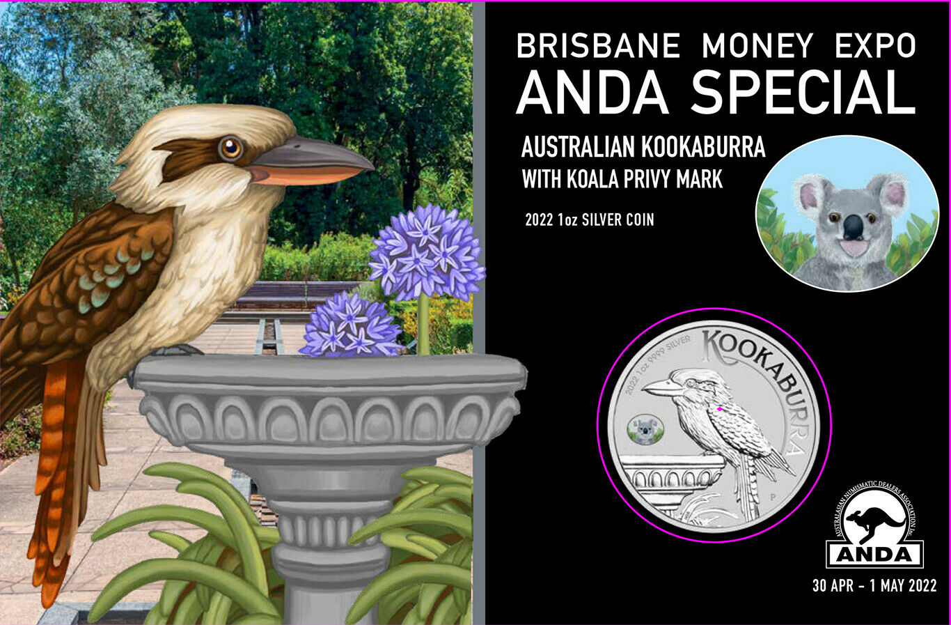 Thumbnail for 2022 Australian Kookaburra 1oz Silver Coin with Koala Privy Mark Brisbane ANDA Money Expo