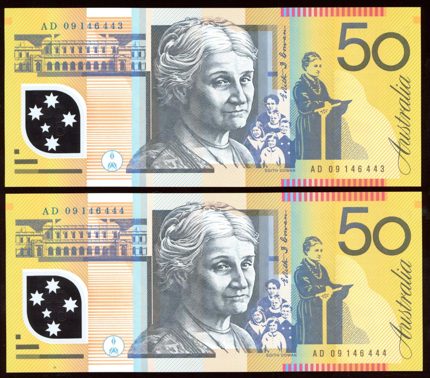 Thumbnail for 2009 Consecutive Pair $50 Polymer AD09 146443-444 UNC