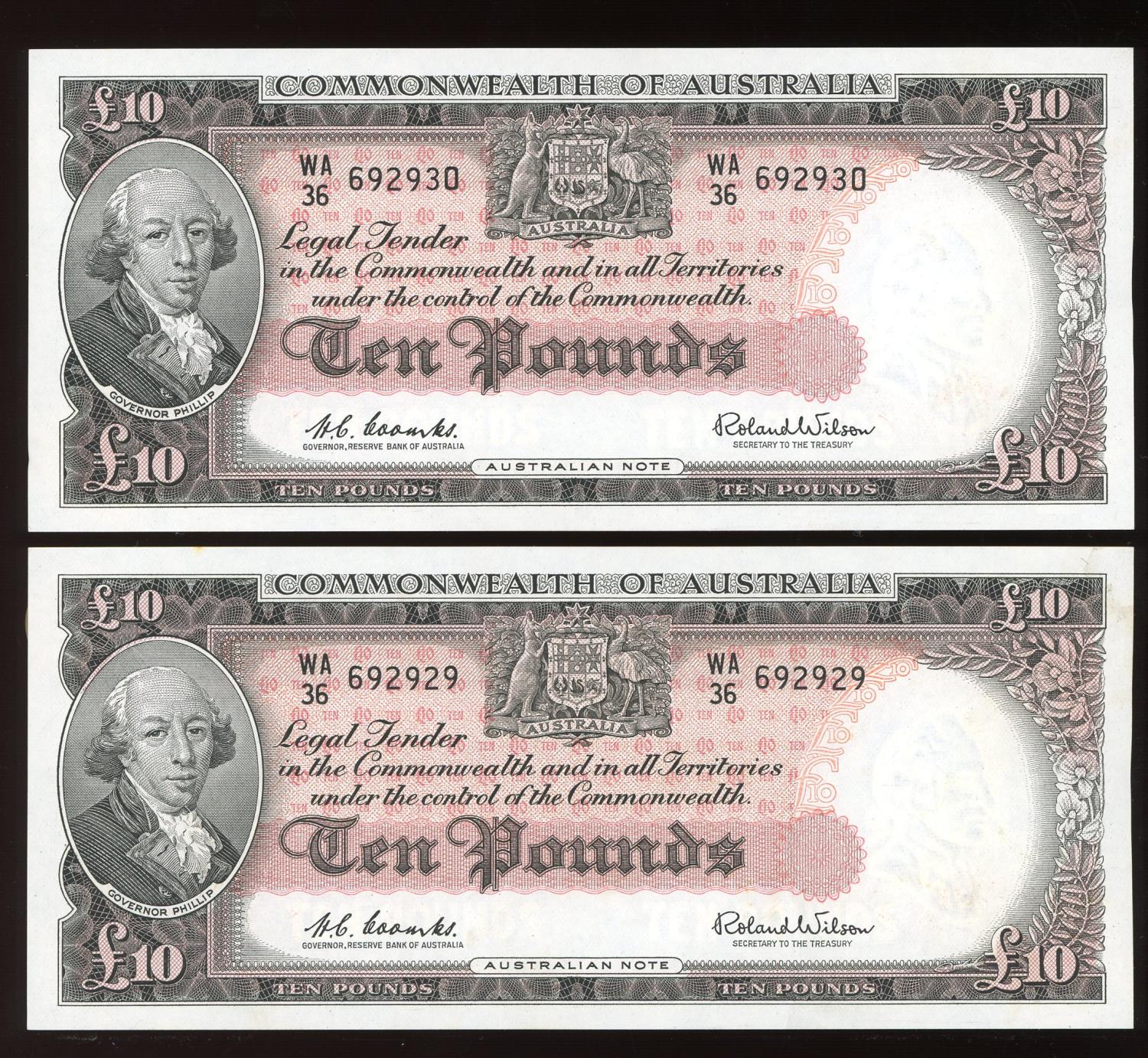 Thumbnail for 1960 Consecutive Pair Ten Pound Notes Coombs - Wilson WA36 692929-30 gEF