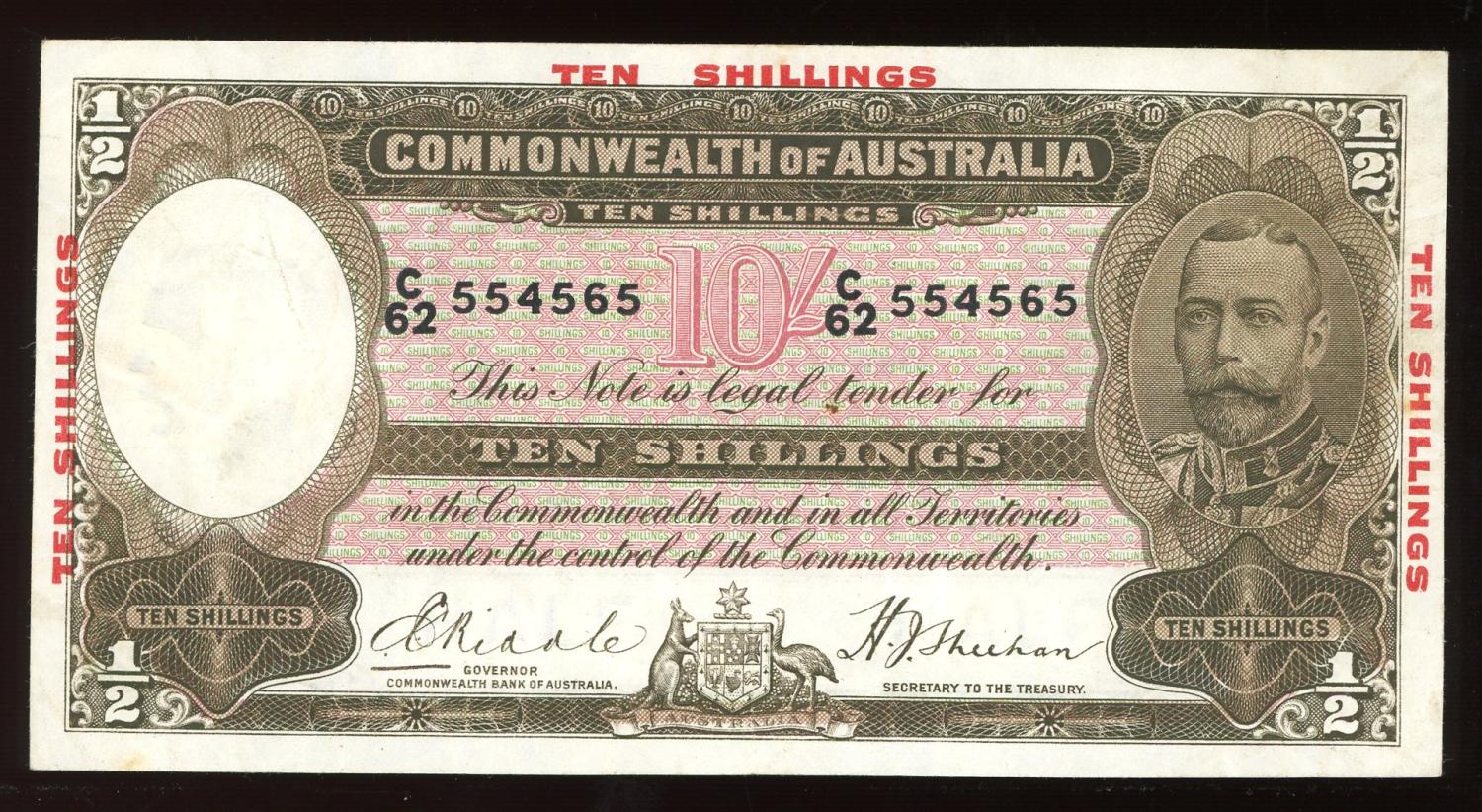 Thumbnail for 1934 Ten Shilling Banknote Riddle-Sheehan C62 554565 aVF
