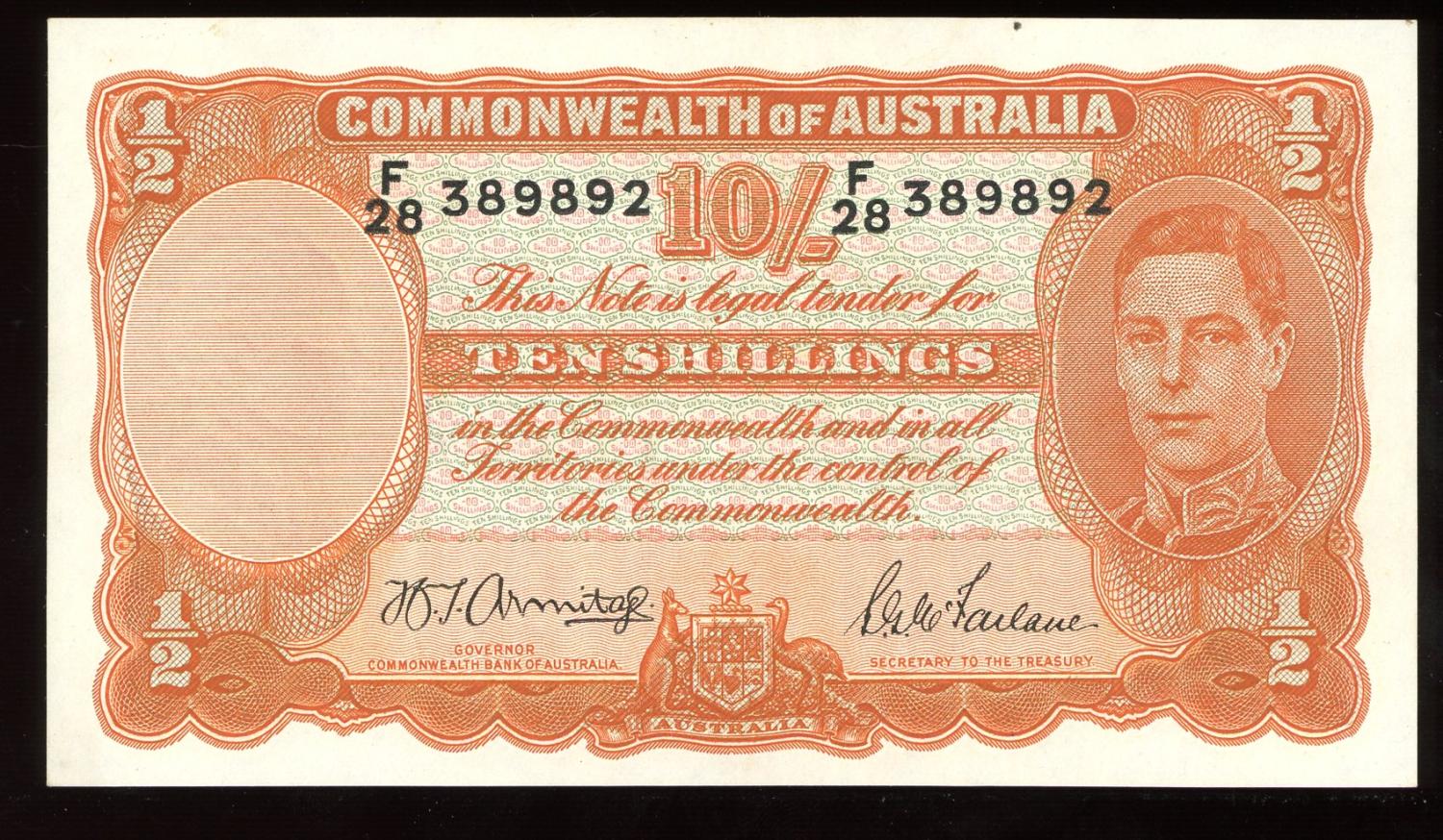 Thumbnail for 1942 Ten Shilling Banknote Armitage McFarlane F28 389892 aUNC