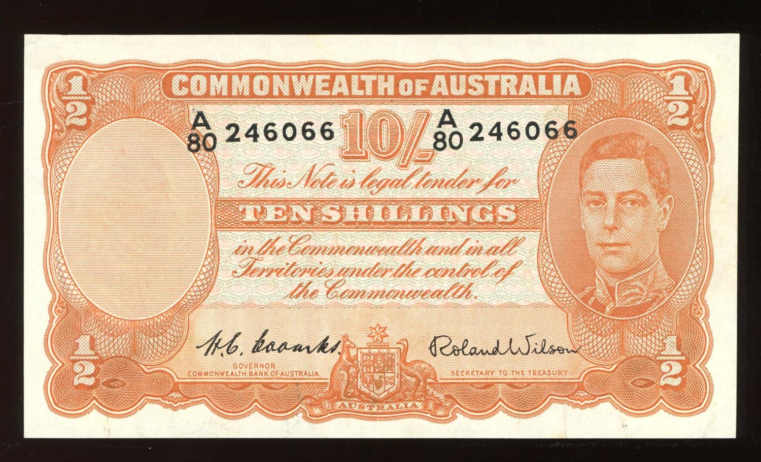 Thumbnail for 1952 Ten Shilling Banknote Coombs Wilson A80 246066 EF