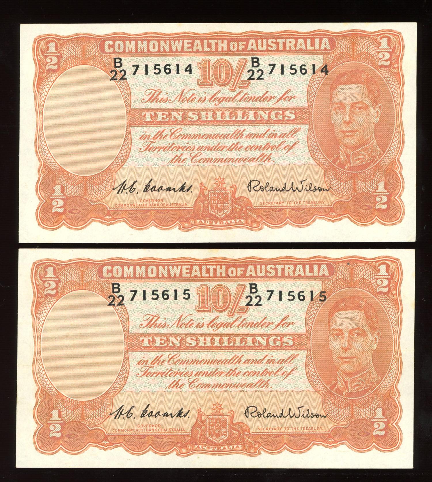 Thumbnail for 1952 Consecutive Pair Ten Shilling Banknotes Coombs Wilson B22 715614-15 gEF