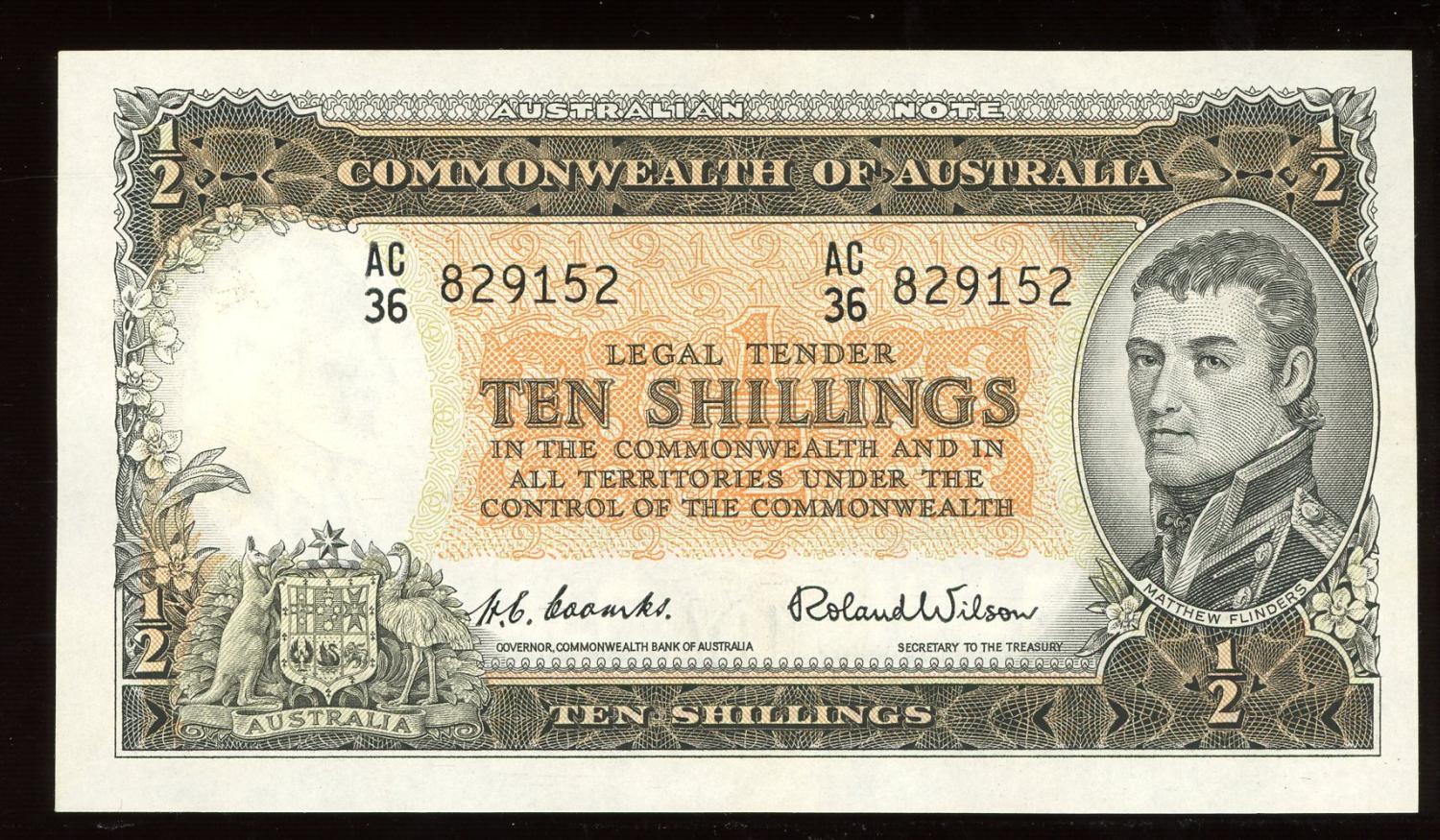 Thumbnail for 1954 Coombs-Wilson Ten Shilling Note AC36 829152 aUNC