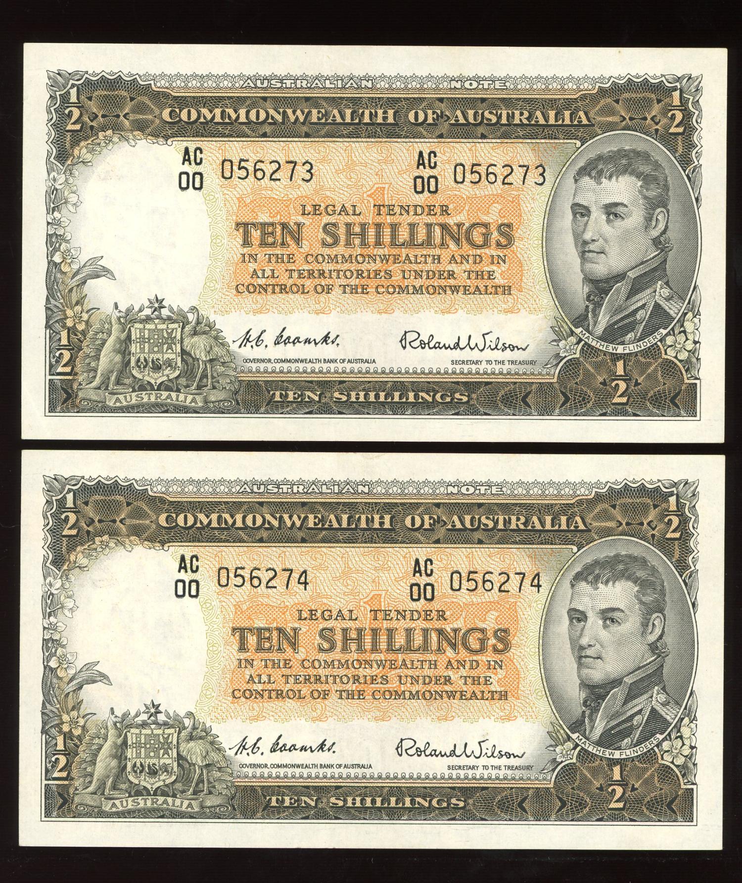 Thumbnail for 1954 Consecutive Pair Ten Shilling Banknotes 1st Prefix AC00 056273 - 205674 gEF