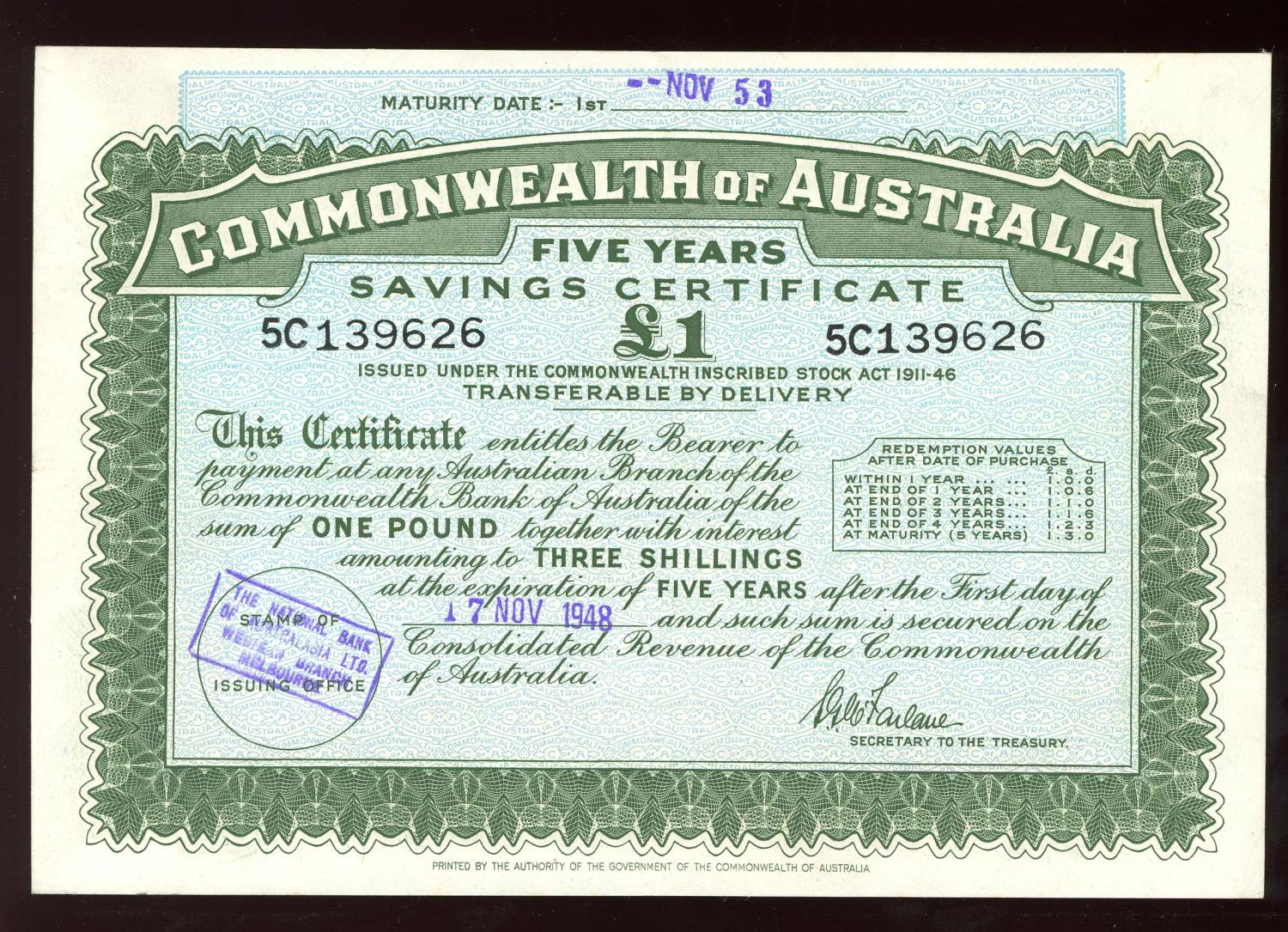 Thumbnail for 1948 £1 War Savings Certificate - 5C 139626