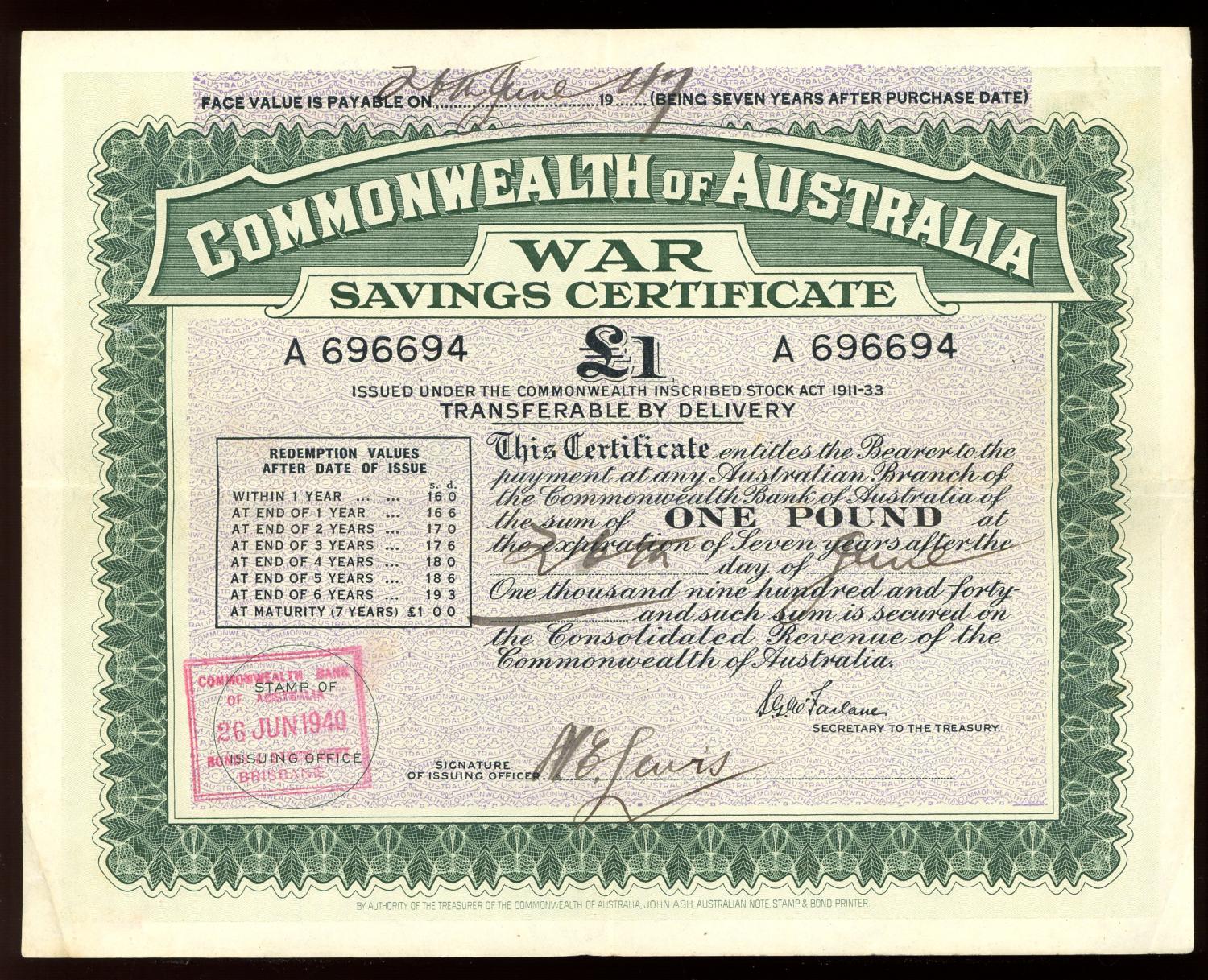 Thumbnail for June 1940 £1 War Savings Certificate - A696694