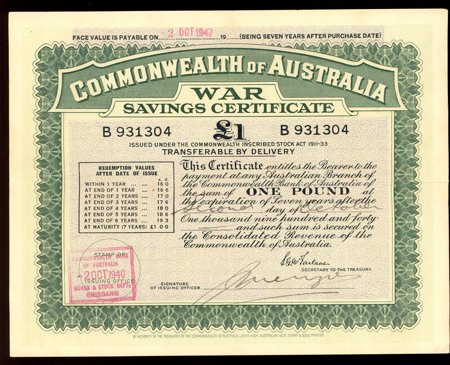 Thumbnail for October 1940 £1 War Savings Certificate - B931304