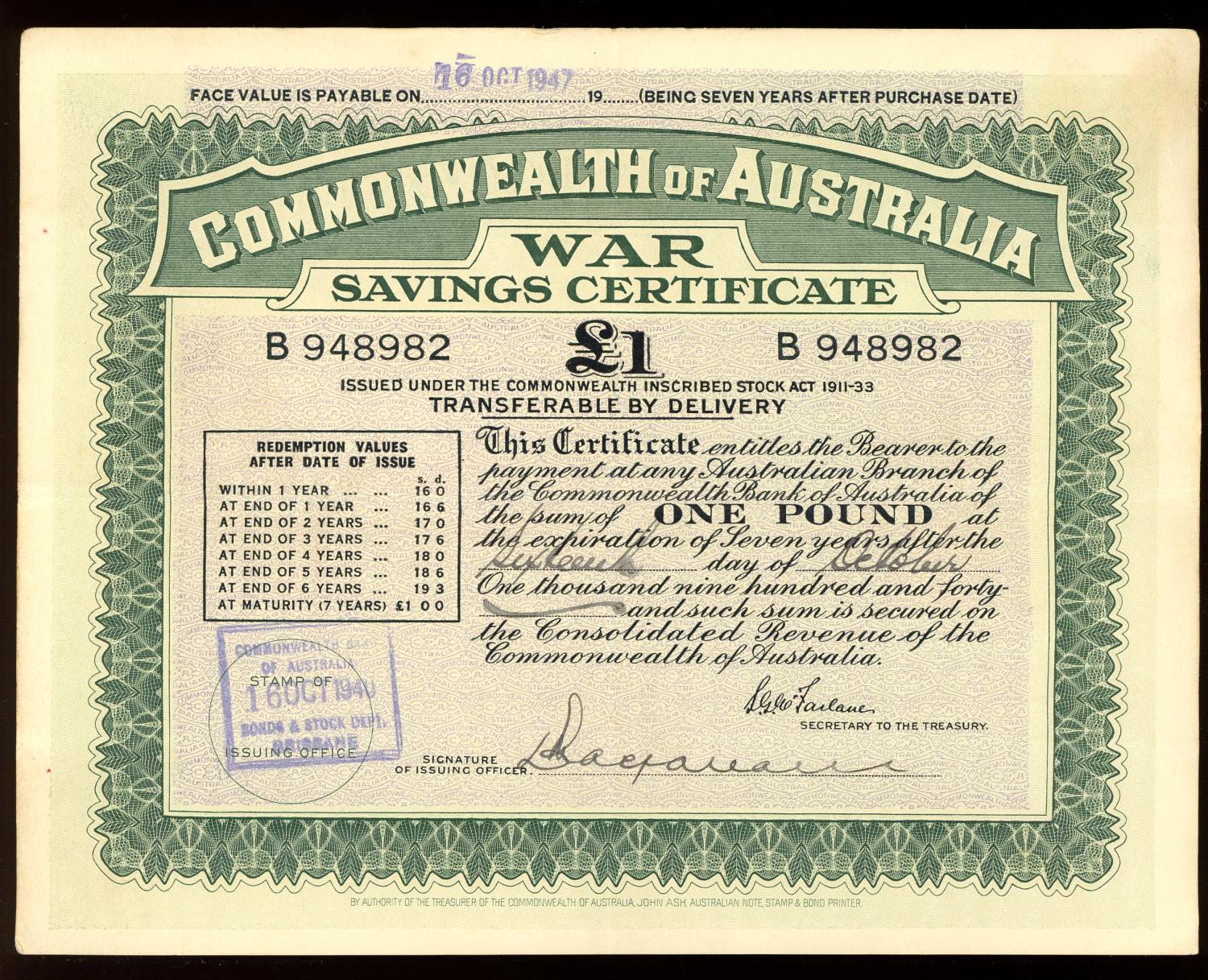 Thumbnail for October 1940 £1 War Savings Certificate - B948982