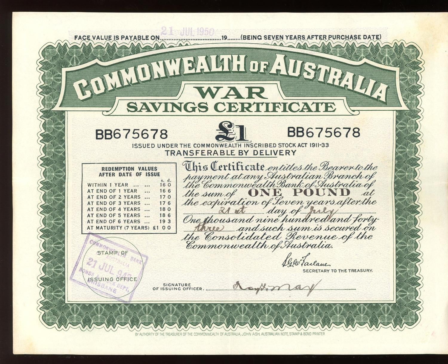 Thumbnail for July 1943 £1 War Savings Certificate - BB675678