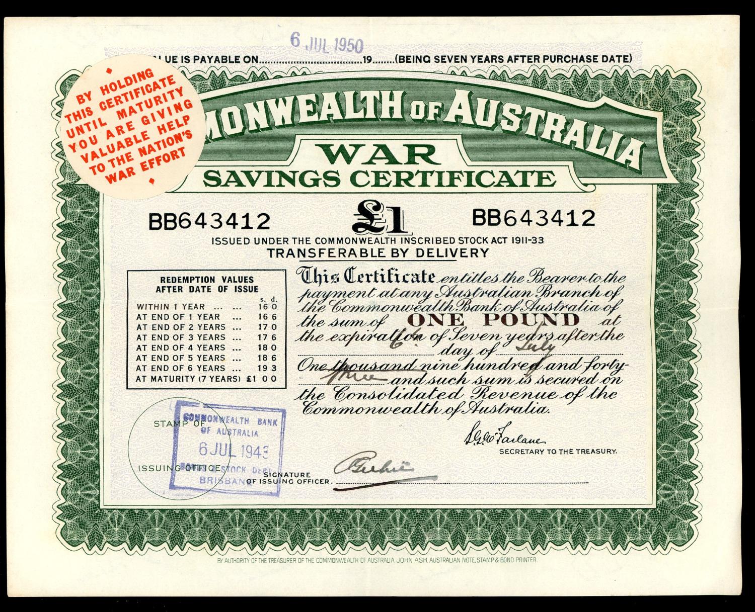 Thumbnail for July 1943 £1 War Savings Certificate - BB643412