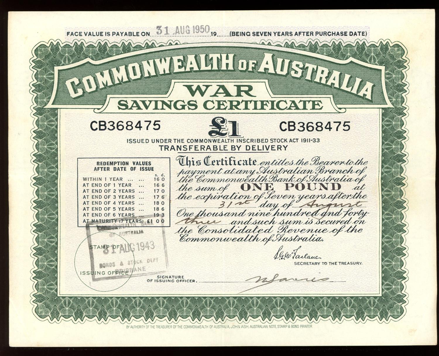 Thumbnail for August 1943 £1 War Savings Certificate CB368475