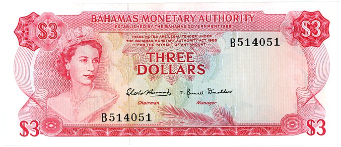 Thumbnail for 1968 Bahamas Three Dollar Note gEF B514051
