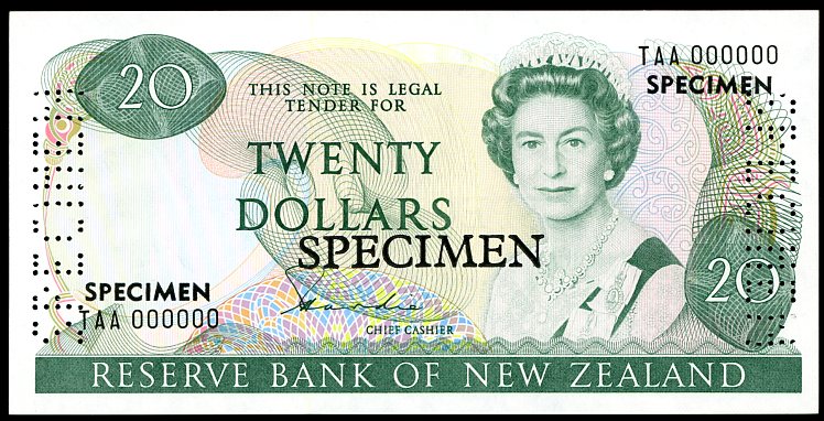 Thumbnail for 1981 New Zealand Specimen Twenty Dollar - Hardie TAA 000000 UNC