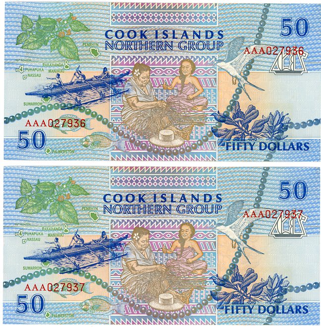 Thumbnail for 1992 Consecutive Pair Cook Islands $50 Notes AAA 027935-37 aUNC