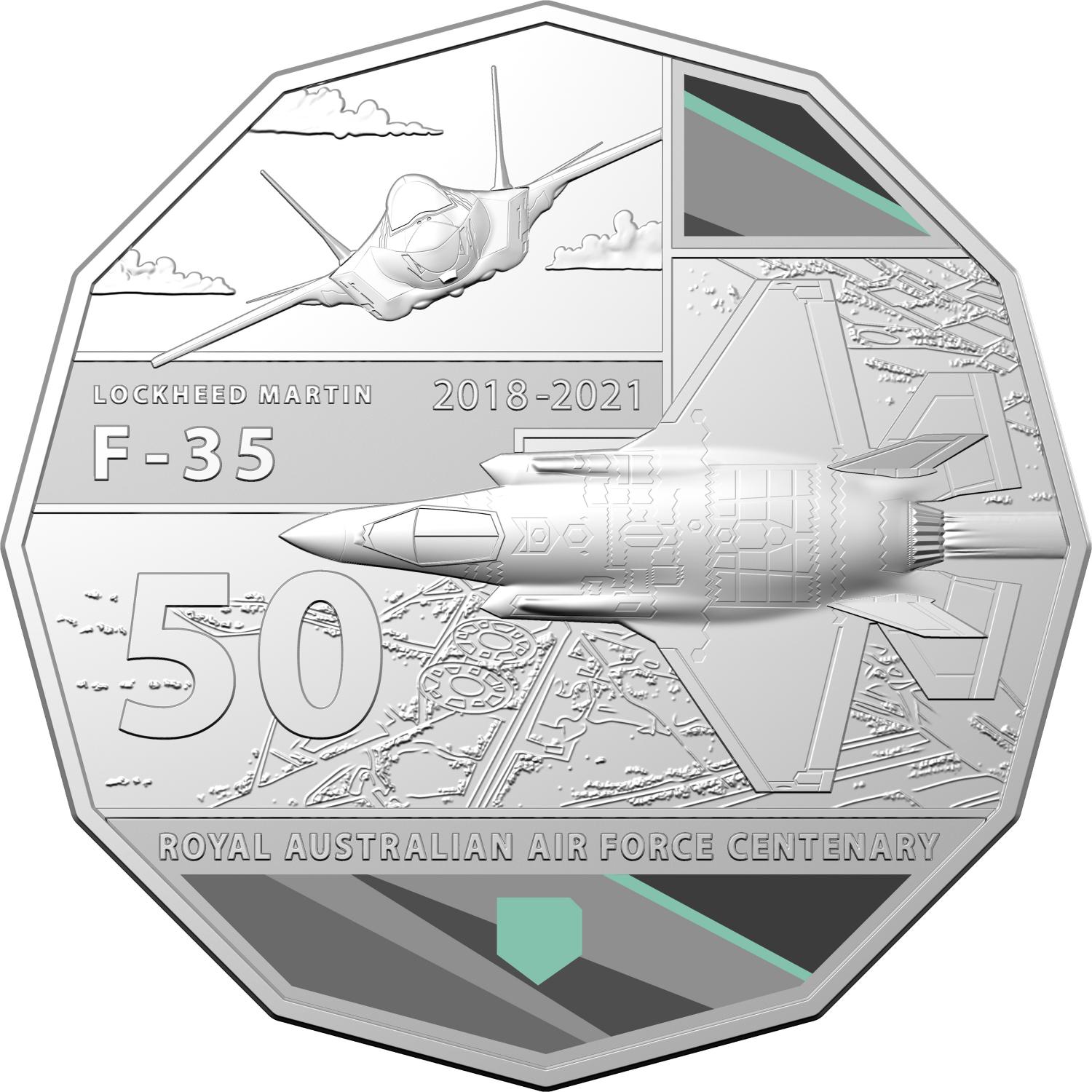Thumbnail for 2021 Centenary of the Air Force - F35 Joint Strike Fighter Coloured Fifty Cent Coin on Card