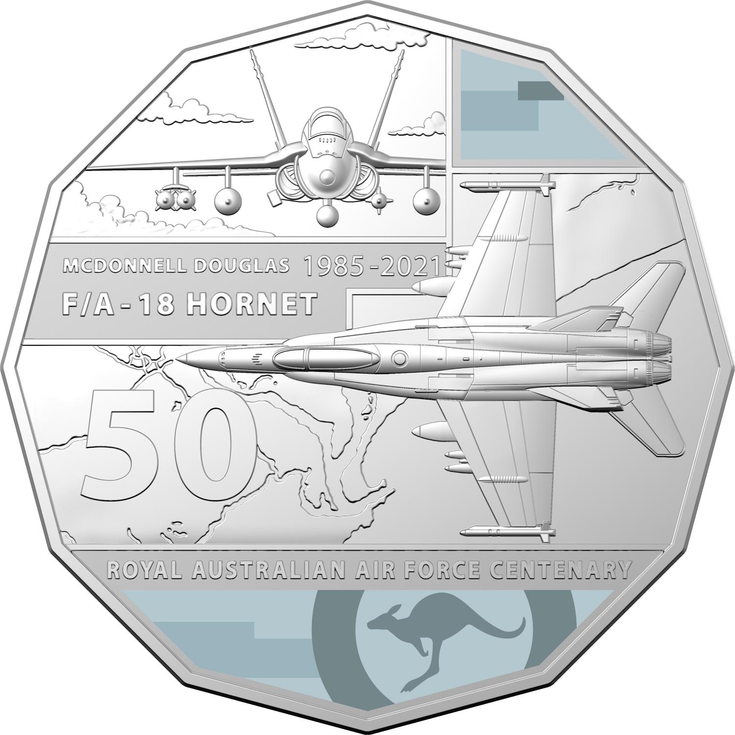 Thumbnail for 2021 Centenary of the Air Force - FA18 Hornet Coloured Fifty Cent Coin on Card