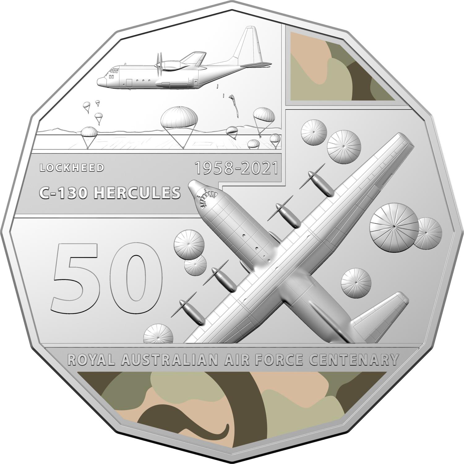 Thumbnail for 2021 Centenary of the Air Force - Hercules Coloured Fifty Cent Coin on Card