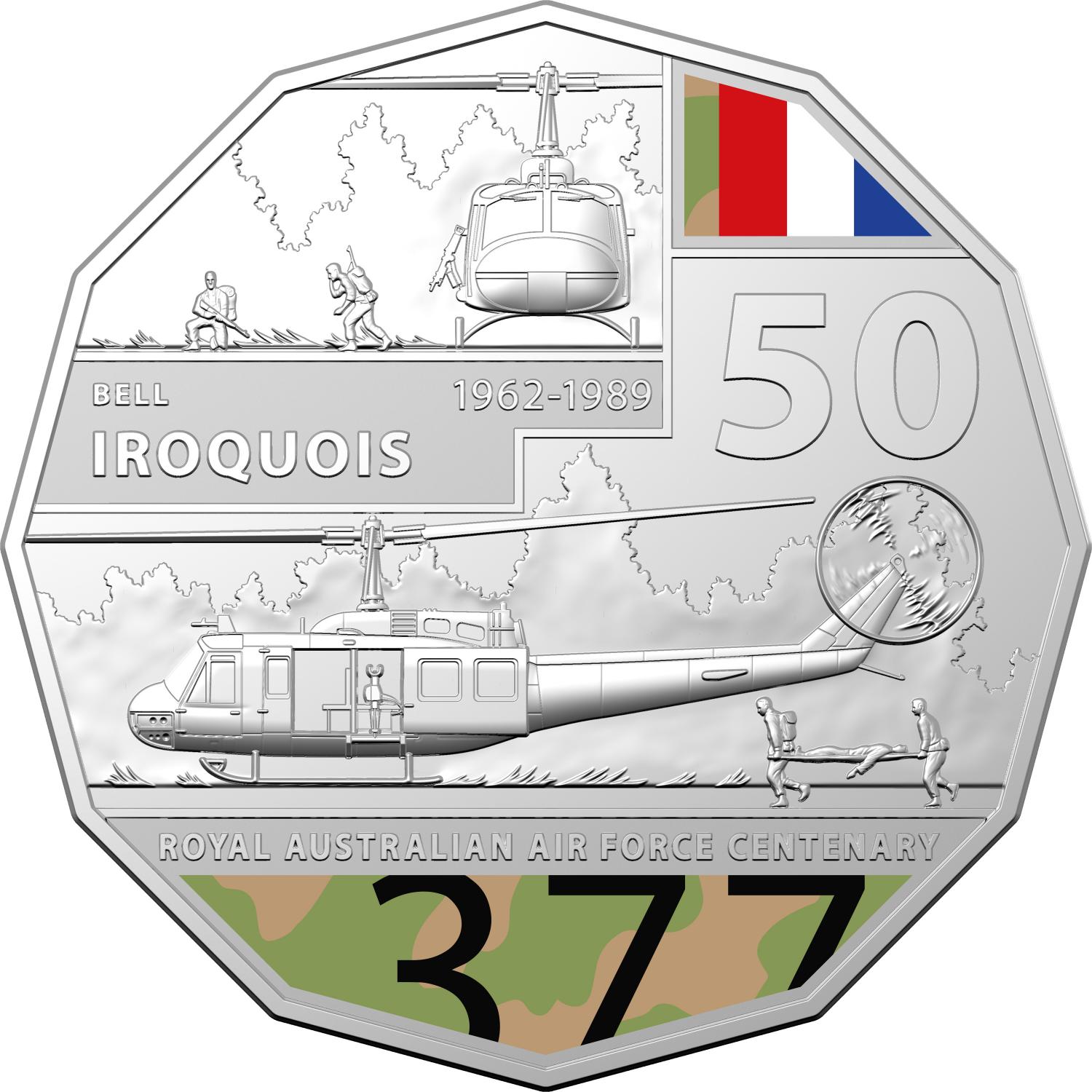 Thumbnail for 2021 Centenary of the Air Force - Bell Iroquois Coloured Fifty Cent Coin on Card