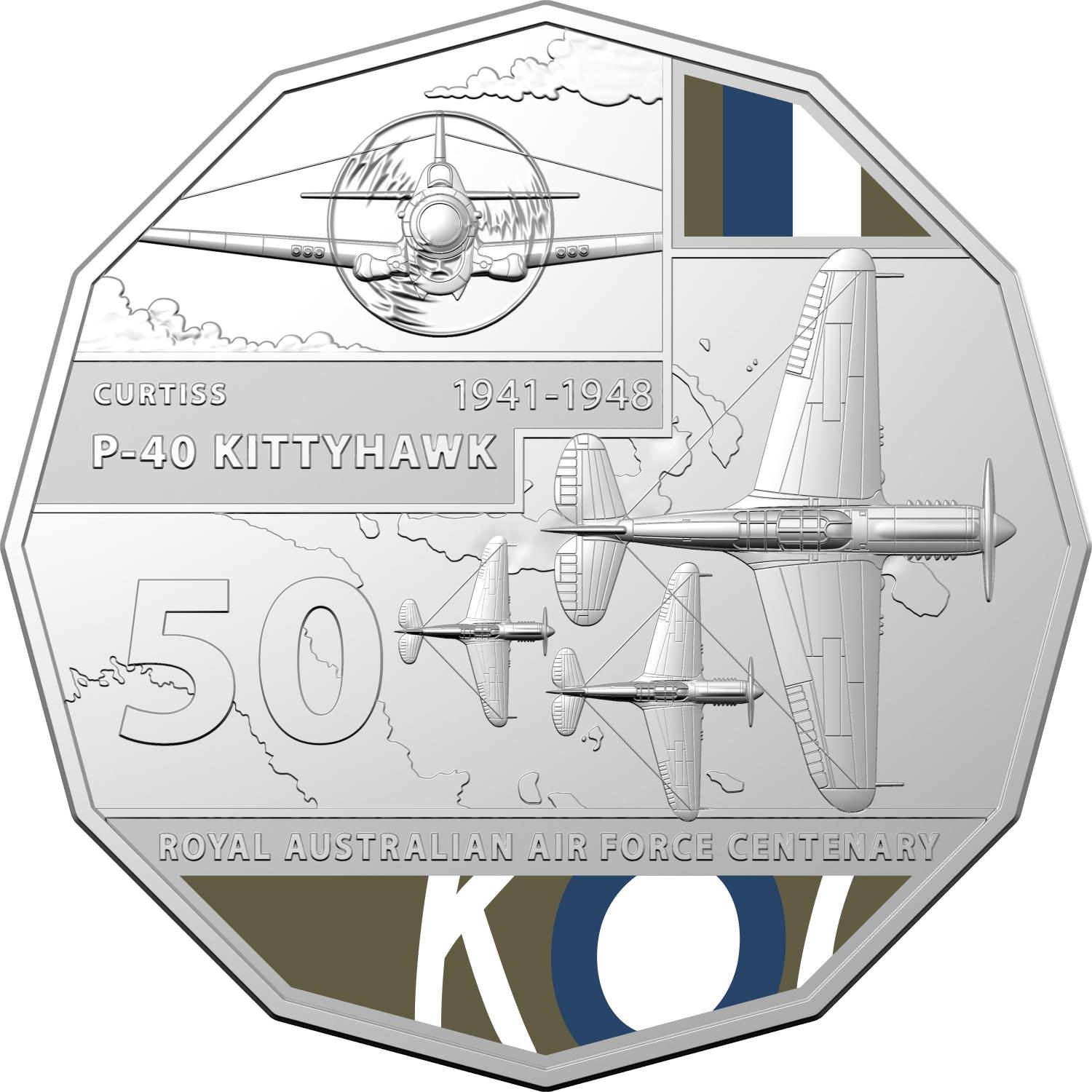 Thumbnail for 2021 Centenary of the Air Force - P40 Kitty Hawk Coloured Fifty Cent Coin on Card