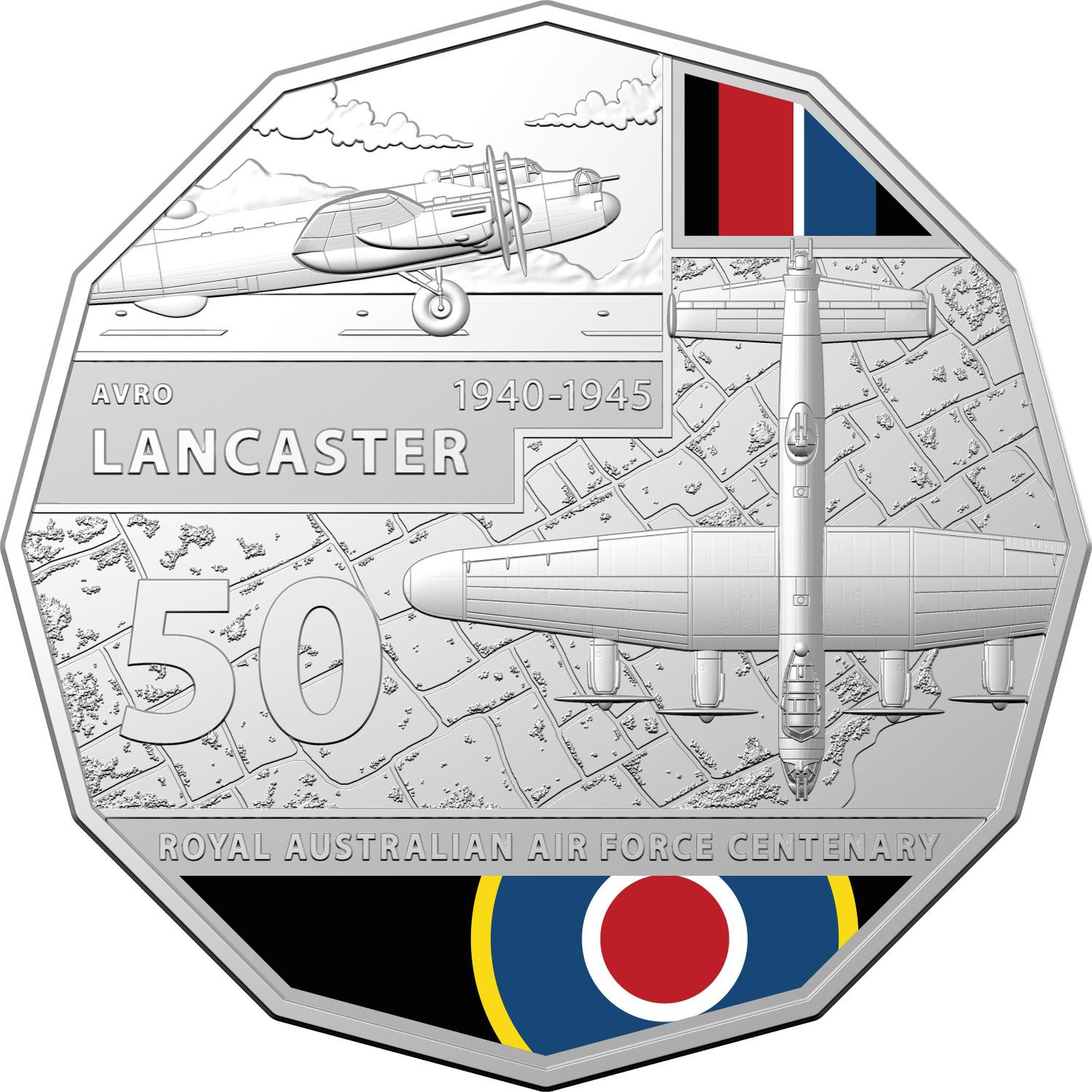 Thumbnail for 2021 Centenary of the Air Force - Avro Lancaster Coloured Fifty Cent Coin on Card
