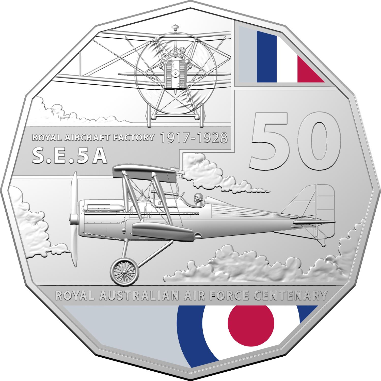 Thumbnail for 2021 Centenary of the Air Force - Royal Aircraft Factory SE5A Coloured Fifty Cent Coin on Card