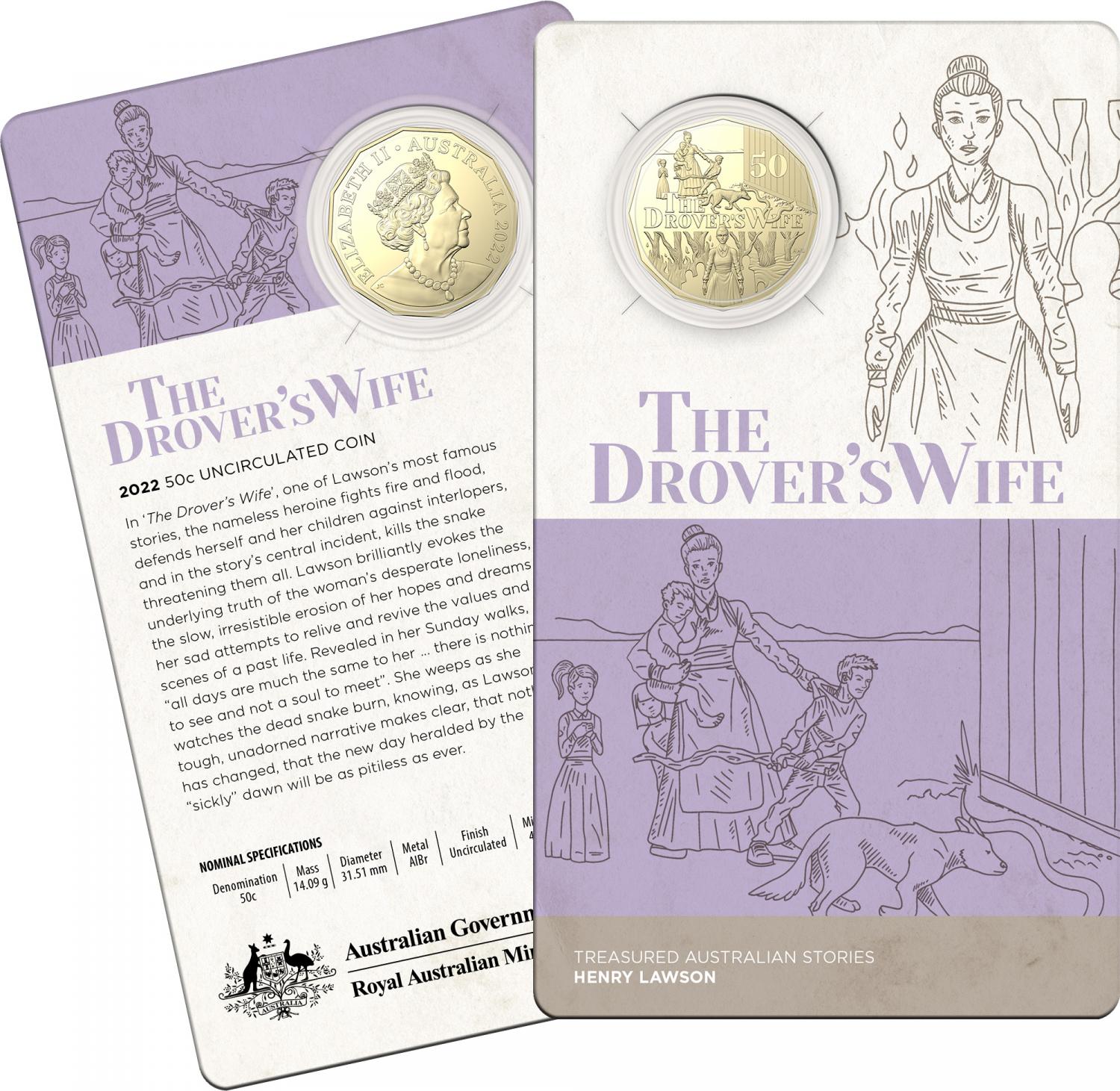 Thumbnail for 2022 .50¢ Henry Lawson - The Drovers Wife AlBr UNC Coin on Card (Single Coin)