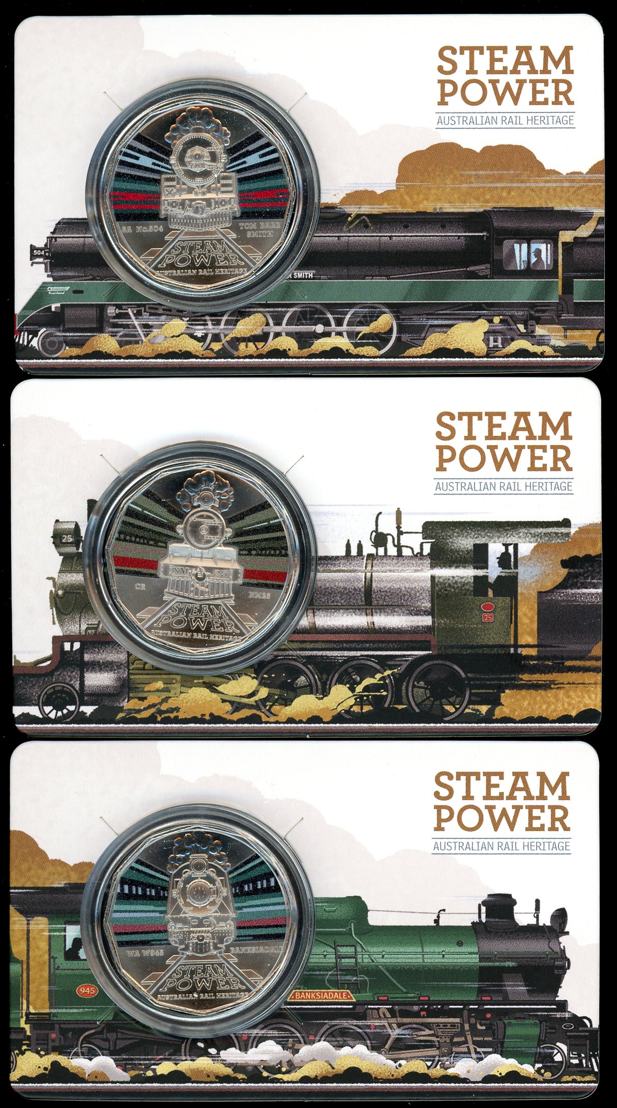 Thumbnail for 2022 50¢ Steam Power Trains - Design 5 SA Tom Barr Smith - Design 6 WA 945 Banksiadale - Design 7 Commonwealth Railways NM25  