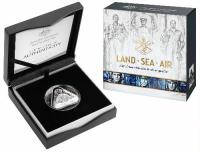 Image 1 for 2018 Land - Sea - Air $5.00 Coloured Silver Proof Triangular Coin