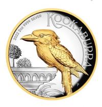 Image 1 for 2022 Aust Kookaburra 2oz Silver Proof High Relief Gilded $2 Coin - Perth Mint