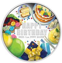 Image 2 for 2023 $1 Happy Birthday 1oz 99.99 Silver Proof Coloured Coin (Memorial Effigy)