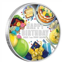 Image 1 for 2023 $1 Happy Birthday 1oz 99.99 Silver Proof Coloured Coin (Memorial Effigy)