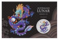 Image 1 for 2024  $1 Australian Lunar Series III Year of the Dragon 1oz Silver Purple Perth Mint Coin on Card