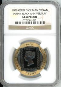 Image 1 for 1990 Isle of Man 1oz Coloured Gold Proof Penny Black 150th Anniversary NCGS Slabbed Gem Proof