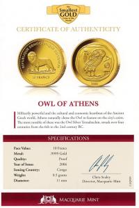 Image 3 for 2006 Congo 0.5 Gram .999 10 Francs - Owl of Athens