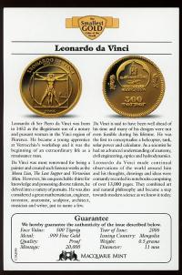 Image 3 for 2006 Mongolia 0.5 Gram .999 Gold 500 Togrog - Leonardo Da Vinci