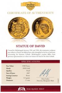 Image 3 for 2007 Benin 0.5 Gram .999 1500 Francs - Statue of David