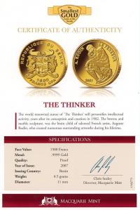 Image 3 for 2007 Benin 0.5 Gram .999 1500 Francs - The Thinker