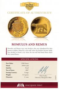 Image 3 for 2007 Congo 0.5 Gram .999 1500 Francs - Romulus & Remus