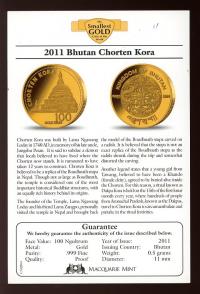 Image 3 for 2011 Bhutan 0.5 Gram .999 Gold 100 Ngultrum - Bhutan Chorten Kora