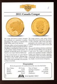 Image 3 for 2011 Canada 0.5 Gram .999 Gold Twenty Five Cents - Canada Cougar