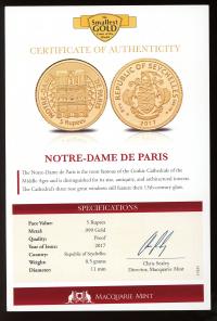 Image 3 for 2017 Republic of Seychelles 0.5 Gram .999 Gold 5 Rupees - Notre Dame De Paris
