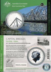 Image 1 for 2011 1oz One Silver Dollar Frosted Coin - Capital Bridges Story Bridge Brisbane