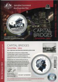 Image 1 for 2011 1oz One Silver Dollar Frosted Coin - Capital Bridges Pyrmont Bridge Sydney